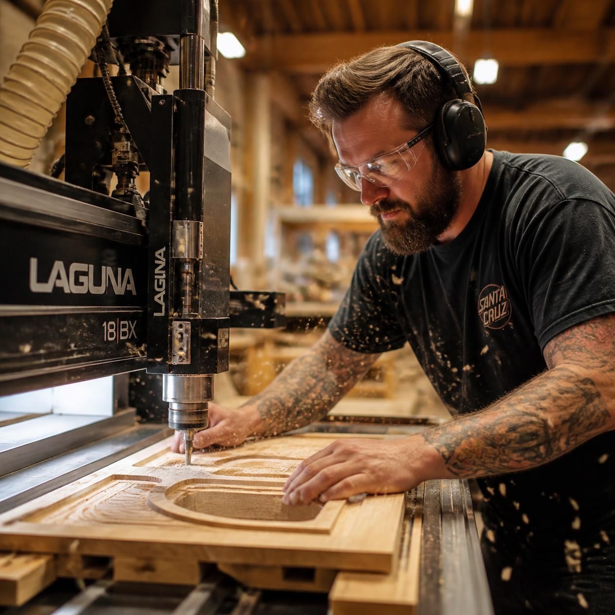 opérateur CN menuisier, personne travaillant sur machine à commande numérique pour le bois, atelier menuiserie, découpe bois CNC, environnement atelier bois